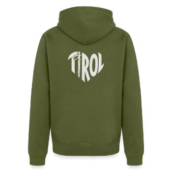 Tirol Herz Schriftzug mit Wanderstock - Unisex Premium Bio Zip Hoodie - Khaki - Hinten - Nico (187cm)