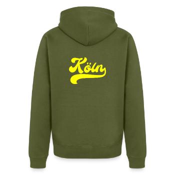 Köln gelber Schriftzug - Unisex Premium Bio Zip Hoodie - Khaki - Hinten - Nico (187cm)