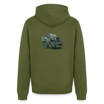 Willys MB Geländewagen Cartoon | RCCX - Unisex Premium Bio Zip Hoodie - Khaki - Hinten - Nico (187cm)