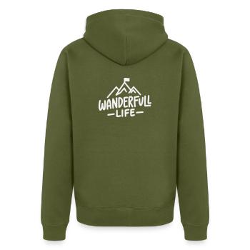 Wanderfull Life - Pun Hiking with Mountains - Unisex Premium Organic Zip Hoodie - khaki - Back - Nico (187cm)