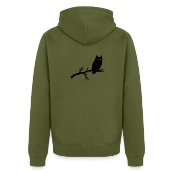 Grimme Eule Silhouette mit grünen Augen auf Ast - Unisex Premium Bio Zip Hoodie - Khaki - Hinten - Nico (187cm)