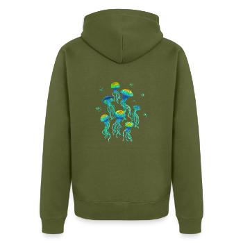 Wirbelnde Qualle - Unisex Premium Bio Zip Hoodie - Khaki - Hinten - Nico (187cm)