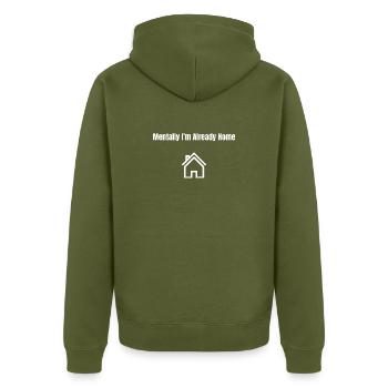 Mental bin ich schon zu Hause – lustig asozial - Unisex Premium Bio Zip Hoodie - Khaki - Hinten - Nico (187cm)