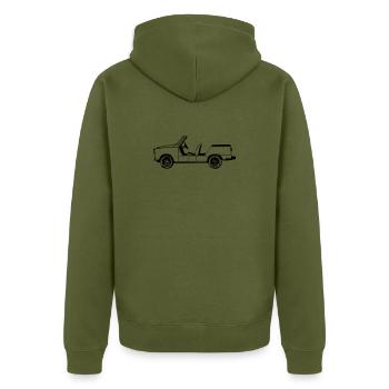  601 , Kübel , DDR NVA Kult(25) - Unisex Premium Bio Zip Hoodie - Khaki - Hinten - Nico (187cm)