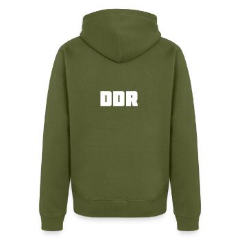 DDR lettering white - Unisex Premium Organic Zip Hoodie - khaki - Back - Nico (187cm)