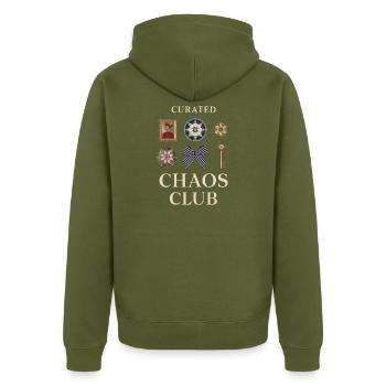 Curated Chaos Club Motifs - Unisex Premium Bio Zip Hoodie - Khaki - Hinten - Nico (187cm)