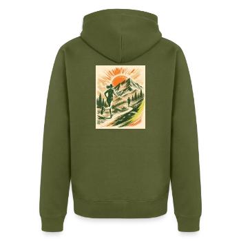 Wanderer und Trailerin - Berge und Natur Design  - Unisex Premium Bio Zip Hoodie - Khaki - Hinten - Nico (187cm)