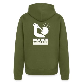 Bier rein - Alltag raus Piktogram (Farbe änderbar) - Unisex Premium Bio Zip Hoodie - Khaki - Hinten - Nico (187cm)