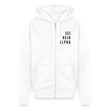 Sei kein Alpha | minimalistisches Design - Unisex Premium Bio Zip Hoodie - Weiß - Vorne - Thijin (182cm) & Selfina (174cm)