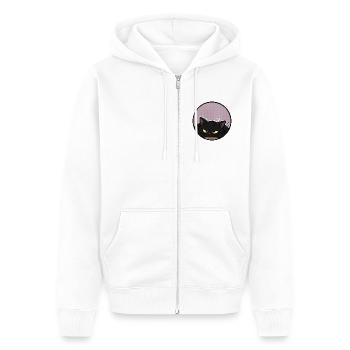 Grummelige schwarze Katze im lila Kreis - Unisex Premium Bio Zip Hoodie - Weiß - Vorne - Thijin (182cm) & Selfina (174cm)