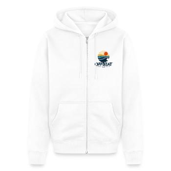 OFFBEAT – Retro Surf Logo - Unisex Premium Bio Zip Hoodie - Weiß - Vorne - Thijin (182cm) & Selfina (174cm)