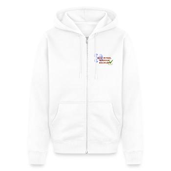 Gebaut von Schmerz, angetrieben von Disziplin - Unisex Premium Bio Zip Hoodie - Weiß - Vorne - Thijin (182cm) & Selfina (174cm)