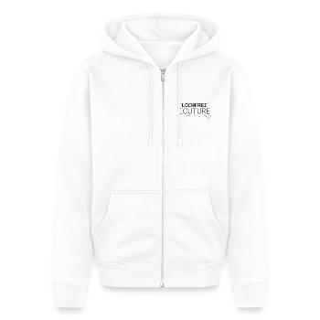 Lochfrei Couture – Lustiges Statement Design - Unisex Premium Bio Zip Hoodie - Weiß - Vorne - Thijin (182cm) & Selfina (174cm)