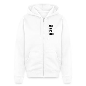 Golf Focus Plan Putt Repeat - Unisex Premium Bio Zip Hoodie - Weiß - Vorne - Thijin (182cm) & Selfina (174cm)