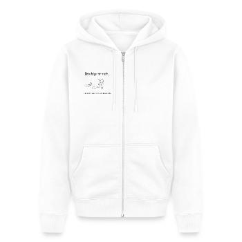 Funny Stick Figure Shirt – Please Don't Follow - Unisex Premium Organic Zip Hoodie - white - Front - Thijin (182cm) & Selfina (174cm)