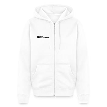 Né pour créer l'histoire - Citation Motivation - Veste à capuche bio Premium Unisexe - blanc - Devant - Thijin (182cm) & Selfina (174cm)