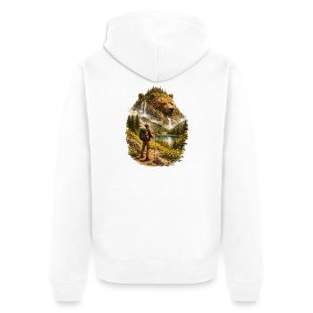 Wanderer trifft Naturgeist –Bär aus Waldlandschaft - Unisex Premium Bio Zip Hoodie - Weiß - Hinten - Thijin (182cm)