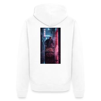 Neon Alley Rebell mit Flaschenkorb - Unisex Premium Bio Zip Hoodie - Weiß - Hinten - Thijin (182cm)