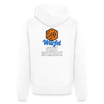 Würfel statt Rollback – Release-Shirt für Devs - Unisex Premium Bio Zip Hoodie - Weiß - Hinten - Thijin (182cm)
