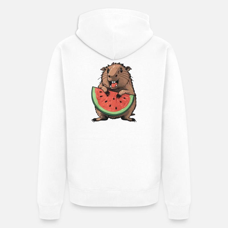 Capybara mangeant de la pastèque - Veste à capuche bio Premium Unisexe - blanc