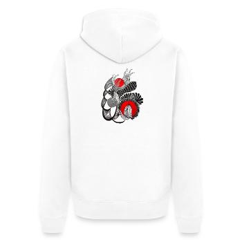 Monochrome Blütenkreise mit Rot - Unisex Premium Bio Zip Hoodie - Weiß - Hinten - Thijin (182cm)