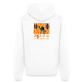 AbudhABI 2026 - Unisex Premium Bio Zip Hoodie - Weiß - Hinten - Thijin (182cm)