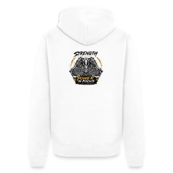 Power in Focus Stärke in Stille - Unisex Premium Bio Zip Hoodie - Weiß - Hinten - Thijin (182cm)