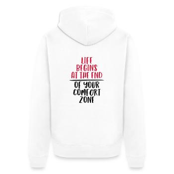 LIFE BEGINS AT THE END OF YOUR COMFORT ZONE - Unisex Premium Bio Zip Hoodie - Weiß - Hinten - Thijin (182cm)
