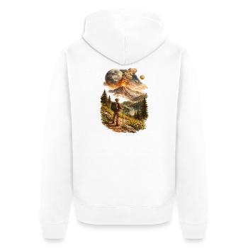 Wanderer vor eruptierendem Vulkan und fremder Welt - Unisex Premium Bio Zip Hoodie - Weiß - Hinten - Thijin (182cm)