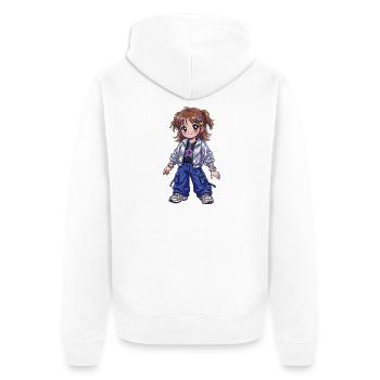 Stargirl in einer glänzenden Bomberjacke - Unisex Premium Bio Zip Hoodie - Weiß - Hinten - Thijin (182cm)