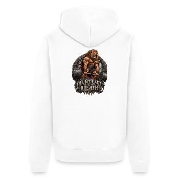 Löwe Bodybuilding Last Breath - Unisex Premium Bio Zip Hoodie - Weiß - Hinten - Thijin (182cm)