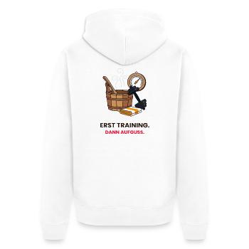 Erst Training dann Aufguss - Unisex Premium Bio Zip Hoodie - Weiß - Hinten - Thijin (182cm)