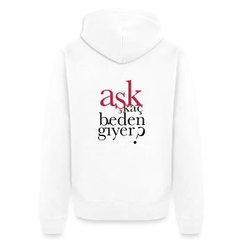 ASK KAC BEDEN GIYER ? - Unisex Premium Bio Zip Hoodie - Weiß - Hinten - Thijin (182cm)