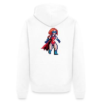 Pixel Superheldin – Fliegende Heldin mit blauer Brille - Unisex Premium Bio Zip Hoodie - Weiß - Hinten - Thijin (182cm)