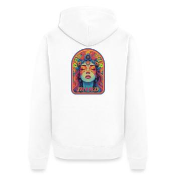Kandi EDM Open Your Mind Psychedelische Blüte - Unisex Premium Bio Zip Hoodie - Weiß - Hinten - Thijin (182cm)
