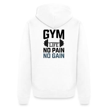 Fitnessmotivation – Fitnessstudio-Leben ohne Schmerz, kein Gewinn - Unisex Premium Bio Zip Hoodie - Weiß - Hinten - Thijin (182cm)