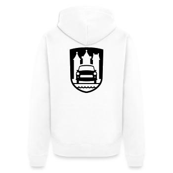 Trabi Motorsport Zwickau (Farbe änderbar) - Unisex Premium Bio Zip Hoodie - Weiß - Hinten - Thijin (182cm)