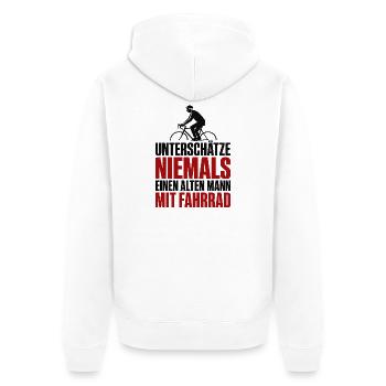 Unterschätze Nie einen alten Mann mit Fahrrad - Unisex Premium Bio Zip Hoodie - Weiß - Hinten - Thijin (182cm)