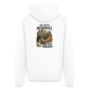 Wandern – Outdoor-Abenteuer – Mit Erinnerungen sterben Nicht - Unisex Premium Bio Zip Hoodie - Weiß - Hinten - Thijin (182cm)