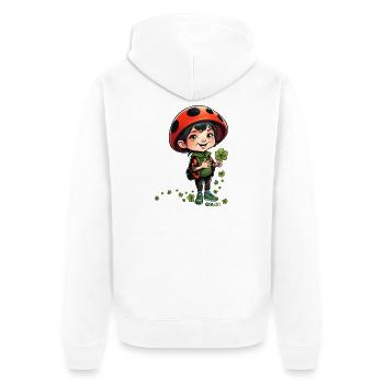 Glücki vom Glückspilzeland ein Klee-Abenteuer - Unisex Premium Bio Zip Hoodie - Weiß - Hinten - Thijin (182cm)