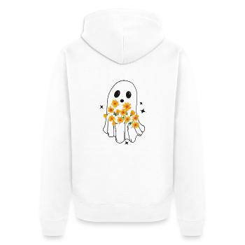 Halloween Geist, süßes Gespenst mit Herbstblumen - Unisex Premium Bio Zip Hoodie - Weiß - Hinten - Thijin (182cm)