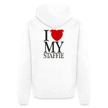 Ich liebe meinen Staffie mit Herzkopf - 008b - Unisex Premium Bio Zip Hoodie - Weiß - Hinten - Thijin (182cm)