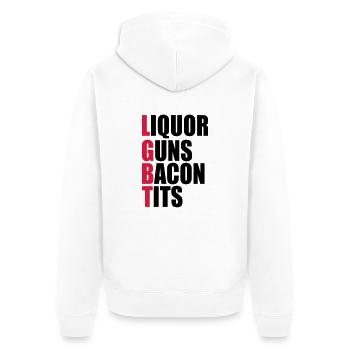 Liquor Guns Bacon & Tits - Unisex Premium Organic Zip Hoodie - white - Back - Thijin (182cm)