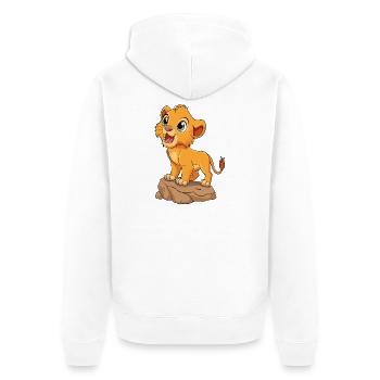 Bébé lionceau joyeux qui rugit, sur un rocher v03 - Veste à capuche bio Premium Unisexe - blanc - Dos - Thijin (182cm)
