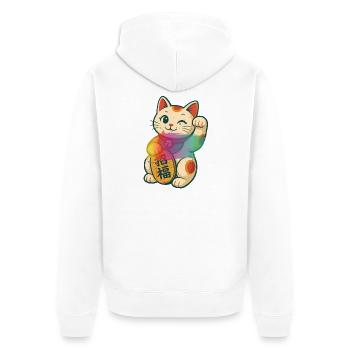 Winkende Glückskatze mit Regenbogen Effekt - Unisex Premium Bio Zip Hoodie - Weiß - Hinten - Thijin (182cm)
