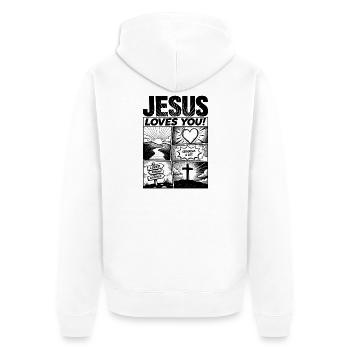 Conception de bandes dessinées « Jésus t’aime » - Veste à capuche bio Premium Unisexe - blanc - Dos - Thijin (182cm)