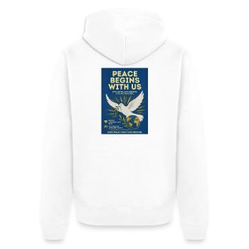 Frieden beginnt mit uns - Unisex Premium Bio Zip Hoodie - Weiß - Hinten - Thijin (182cm)