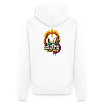 Headset Humor: Ein-Aus Spruch - Unisex Premium Bio Zip Hoodie - Weiß - Hinten - Thijin (182cm)