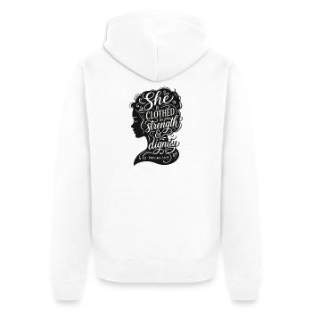 Femme de force et de dignité - Proverbes 31:25 - Veste à capuche bio Premium Unisexe - blanc - Dos - Thijin (182cm)