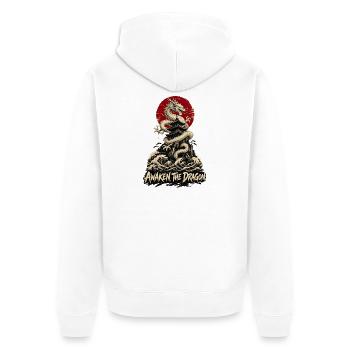  Erwachender Drache über der Pagode - Unisex Premium Bio Zip Hoodie - Weiß - Hinten - Thijin (182cm)